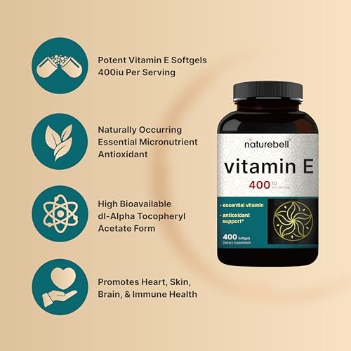 NatureBell Vitamin E Öl Weichkapseln, 400 IE pro Portion, 400 Kapseln | Antioxidans für Haut, Herz und Immunsystem – Non-GMO