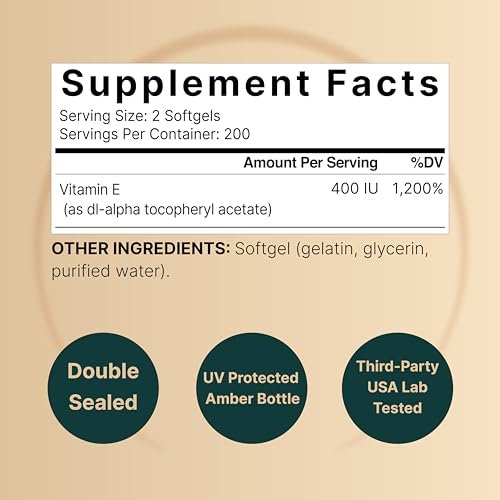 NatureBell Vitamin E Öl Weichkapseln, 400 IE pro Portion, 400 Kapseln | Antioxidans für Haut, Herz und Immunsystem – Non-GMO
