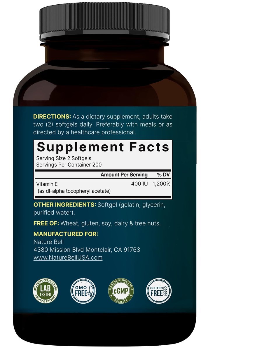 NatureBell Vitamin E Öl Weichkapseln, 400 IE pro Portion, 400 Kapseln | Antioxidans für Haut, Herz und Immunsystem – Non-GMO