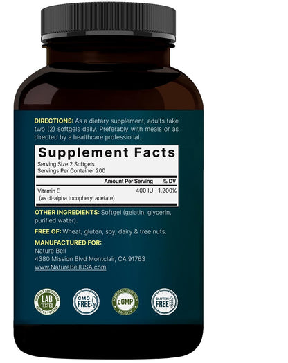 NatureBell Vitamin E Öl Weichkapseln, 400 IE pro Portion, 400 Kapseln | Antioxidans für Haut, Herz und Immunsystem – Non-GMO
