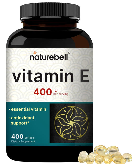 NatureBell Vitamin E Öl Weichkapseln, 400 IE pro Portion, 400 Kapseln | Antioxidans für Haut, Herz und Immunsystem – Non-GMO