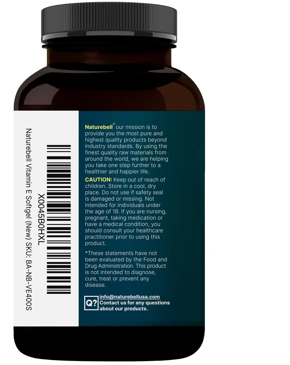 NatureBell Vitamin E Öl Weichkapseln, 400 IE pro Portion, 400 Kapseln | Antioxidans für Haut, Herz und Immunsystem – Non-GMO