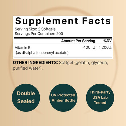 NatureBell Vitamin E Öl Weichkapseln, 400 IE pro Portion, 400 Kapseln | Antioxidans für Haut, Herz und Immunsystem – Non-GMO
