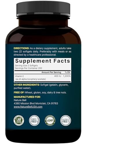 NatureBell Vitamin E Öl Weichkapseln, 400 IE pro Portion, 400 Kapseln | Antioxidans für Haut, Herz und Immunsystem – Non-GMO