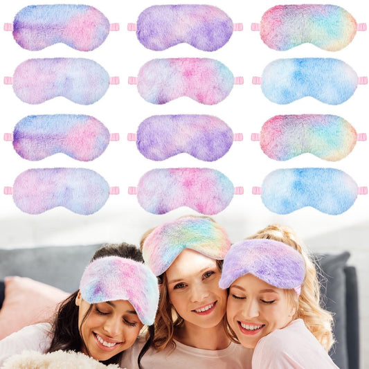 Cuffbow 12 Stück Plüsch Schlafmasken Bulk Bequeme Schlafaugenmaske für Kinder Frauen Männer Weiche Fellbinde Faux Fur Schatten für Reisen Nickerchen Übernachtungspartyzubehör (Regenbogen)