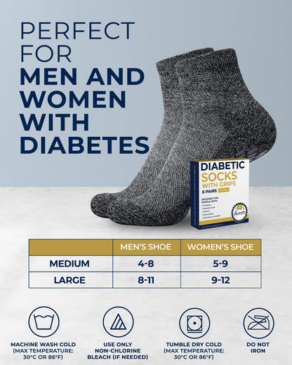 Pembrook Diabetische Knöchelsocken für Damen & Herren mit Griffen | 6 Paar Viertellange Weite Nicht-Bindende Diabetikersocken für Herren Rutschfest | Ödeme, Neuropathie für Damen & Herren