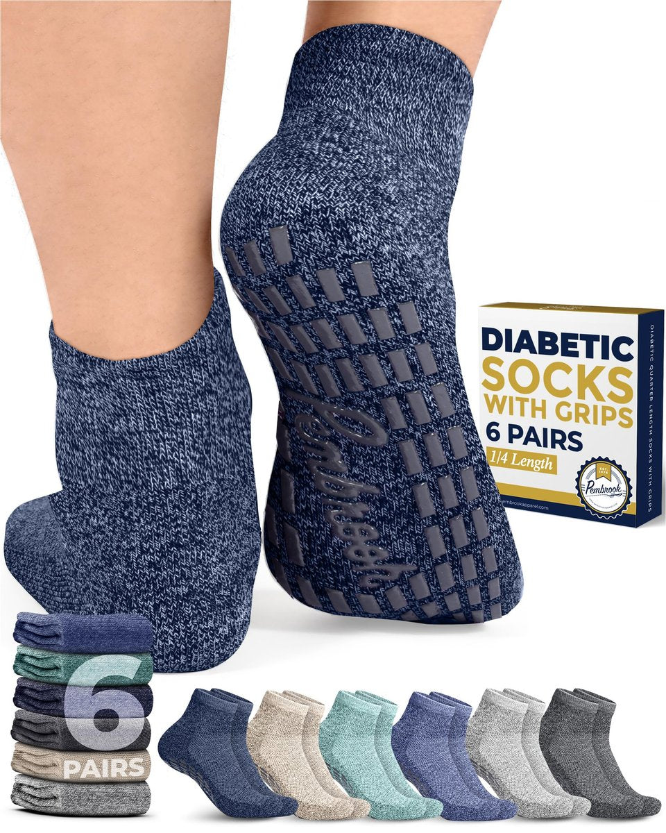 Pembrook Diabetische Knöchelsocken für Damen & Herren mit Griffen | 6 Paar Viertellange Weite Nicht-Bindende Diabetikersocken für Herren Rutschfest | Ödeme, Neuropathie für Damen & Herren