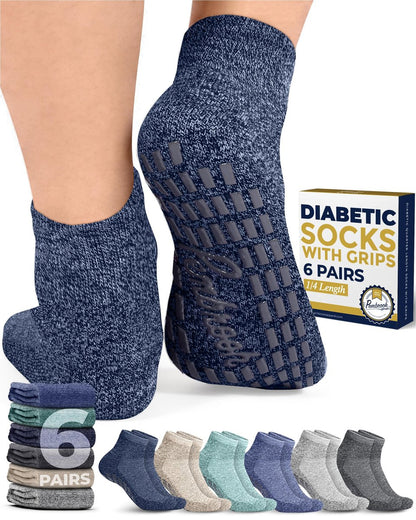 Pembrook Diabetische Knöchelsocken für Damen & Herren mit Griffen | 6 Paar Viertellange Weite Nicht-Bindende Diabetikersocken für Herren Rutschfest | Ödeme, Neuropathie für Damen & Herren