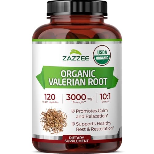 Zazzee USDA Bio-Baldrianwurzel 10:1 Extrakt – 120 vegane Kapseln, 4-Monatsvorrat, Valeriana Officinalis, Entspannung, Ruhe & Stimmungsunterstützung, natürlich, ohne Gentechnik, hergestellt in den USA
