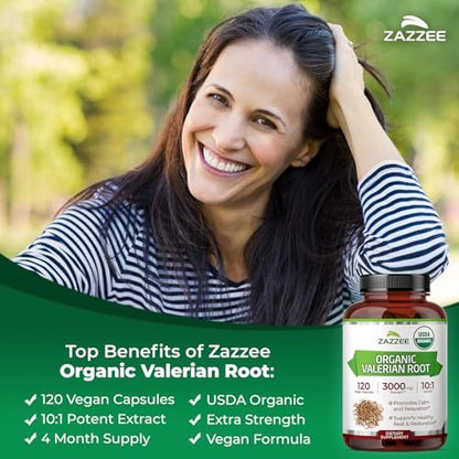 Zazzee USDA Bio-Baldrianwurzel 10:1 Extrakt – 120 vegane Kapseln, 4-Monatsvorrat, Valeriana Officinalis, Entspannung, Ruhe & Stimmungsunterstützung, natürlich, ohne Gentechnik, hergestellt in den USA