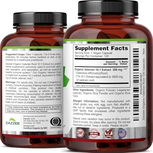 Zazzee USDA Bio-Baldrianwurzel 10:1 Extrakt – 120 vegane Kapseln, 4-Monatsvorrat, Valeriana Officinalis, Entspannung, Ruhe & Stimmungsunterstützung, natürlich, ohne Gentechnik, hergestellt in den USA
