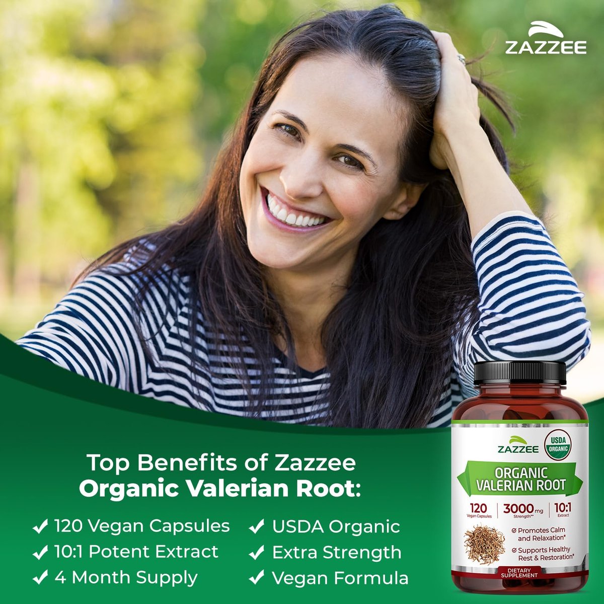 Zazzee USDA Bio-Baldrianwurzel 10:1 Extrakt – 120 vegane Kapseln, 4-Monatsvorrat, Valeriana Officinalis, Entspannung, Ruhe & Stimmungsunterstützung, natürlich, ohne Gentechnik, hergestellt in den USA