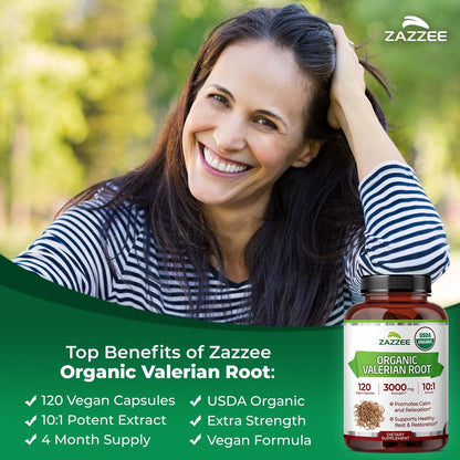 Zazzee USDA Bio-Baldrianwurzel 10:1 Extrakt – 120 vegane Kapseln, 4-Monatsvorrat, Valeriana Officinalis, Entspannung, Ruhe & Stimmungsunterstützung, natürlich, ohne Gentechnik, hergestellt in den USA