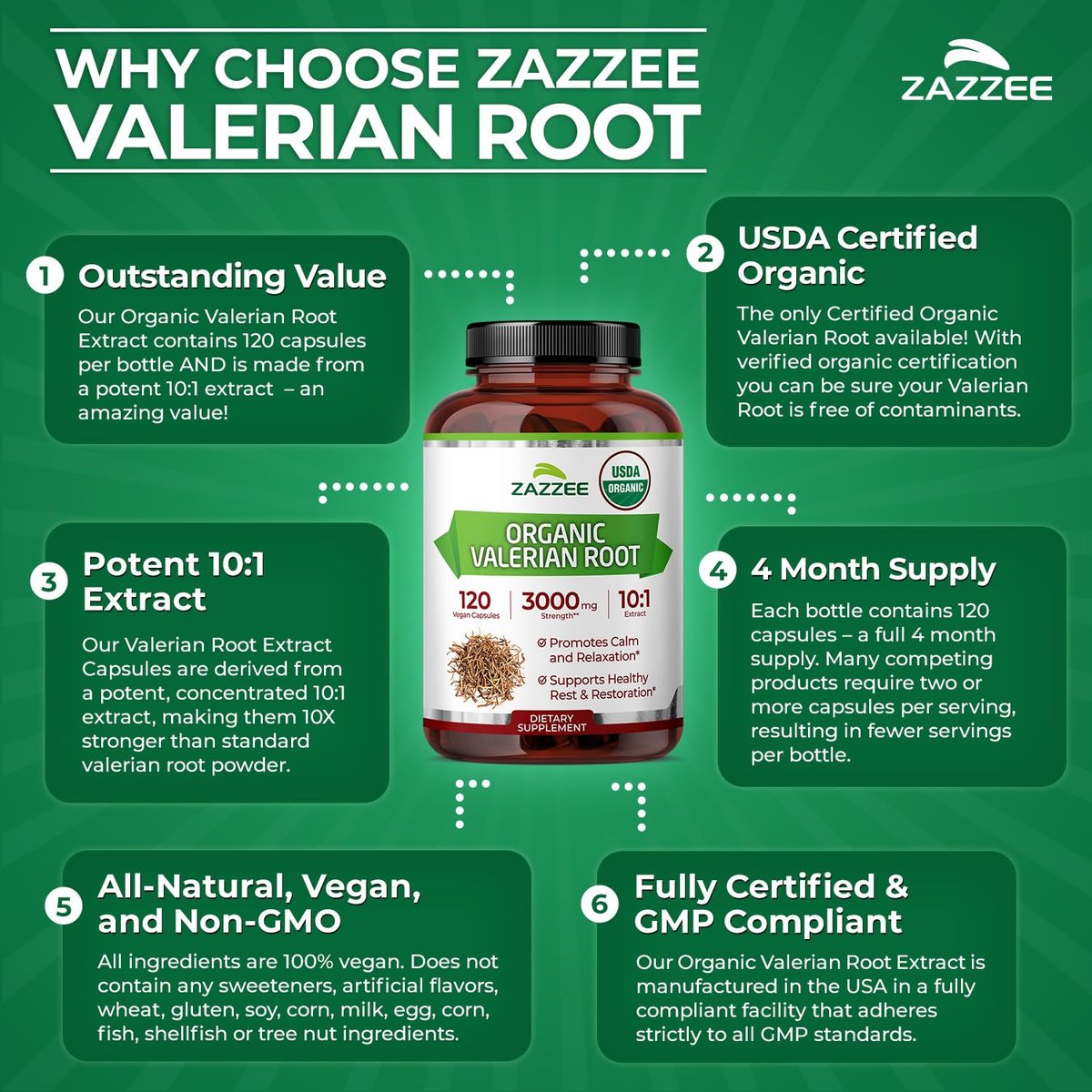 Zazzee USDA Bio-Baldrianwurzel 10:1 Extrakt – 120 vegane Kapseln, 4-Monatsvorrat, Valeriana Officinalis, Entspannung, Ruhe & Stimmungsunterstützung, natürlich, ohne Gentechnik, hergestellt in den USA