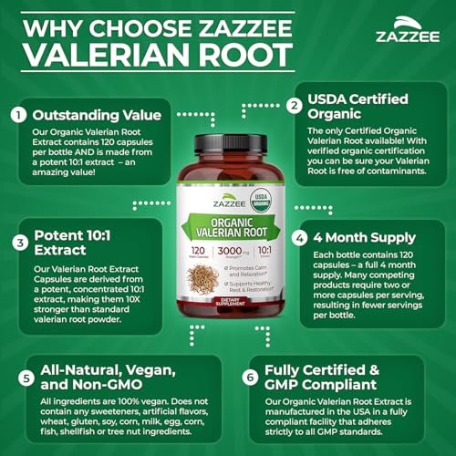 Zazzee USDA Bio-Baldrianwurzel 10:1 Extrakt – 120 vegane Kapseln, 4-Monatsvorrat, Valeriana Officinalis, Entspannung, Ruhe & Stimmungsunterstützung, natürlich, ohne Gentechnik, hergestellt in den USA