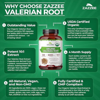 Zazzee USDA Bio-Baldrianwurzel 10:1 Extrakt – 120 vegane Kapseln, 4-Monatsvorrat, Valeriana Officinalis, Entspannung, Ruhe & Stimmungsunterstützung, natürlich, ohne Gentechnik, hergestellt in den USA