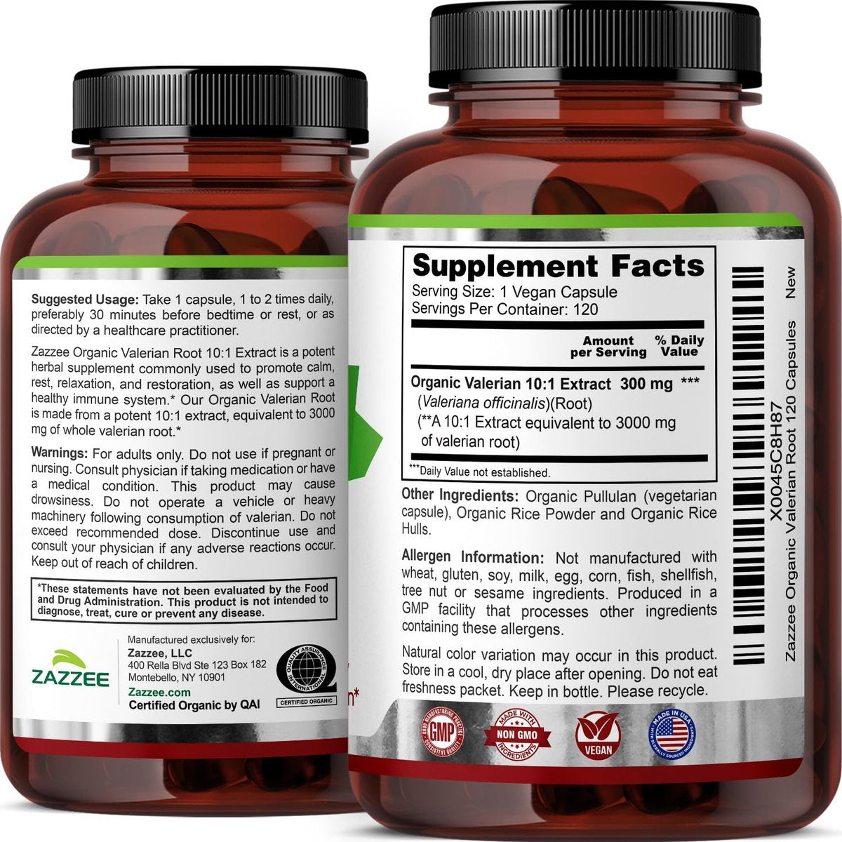 Zazzee USDA Bio-Baldrianwurzel 10:1 Extrakt – 120 vegane Kapseln, 4-Monatsvorrat, Valeriana Officinalis, Entspannung, Ruhe & Stimmungsunterstützung, natürlich, ohne Gentechnik, hergestellt in den USA