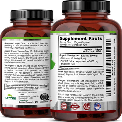 Zazzee USDA Bio-Baldrianwurzel 10:1 Extrakt – 120 vegane Kapseln, 4-Monatsvorrat, Valeriana Officinalis, Entspannung, Ruhe & Stimmungsunterstützung, natürlich, ohne Gentechnik, hergestellt in den USA