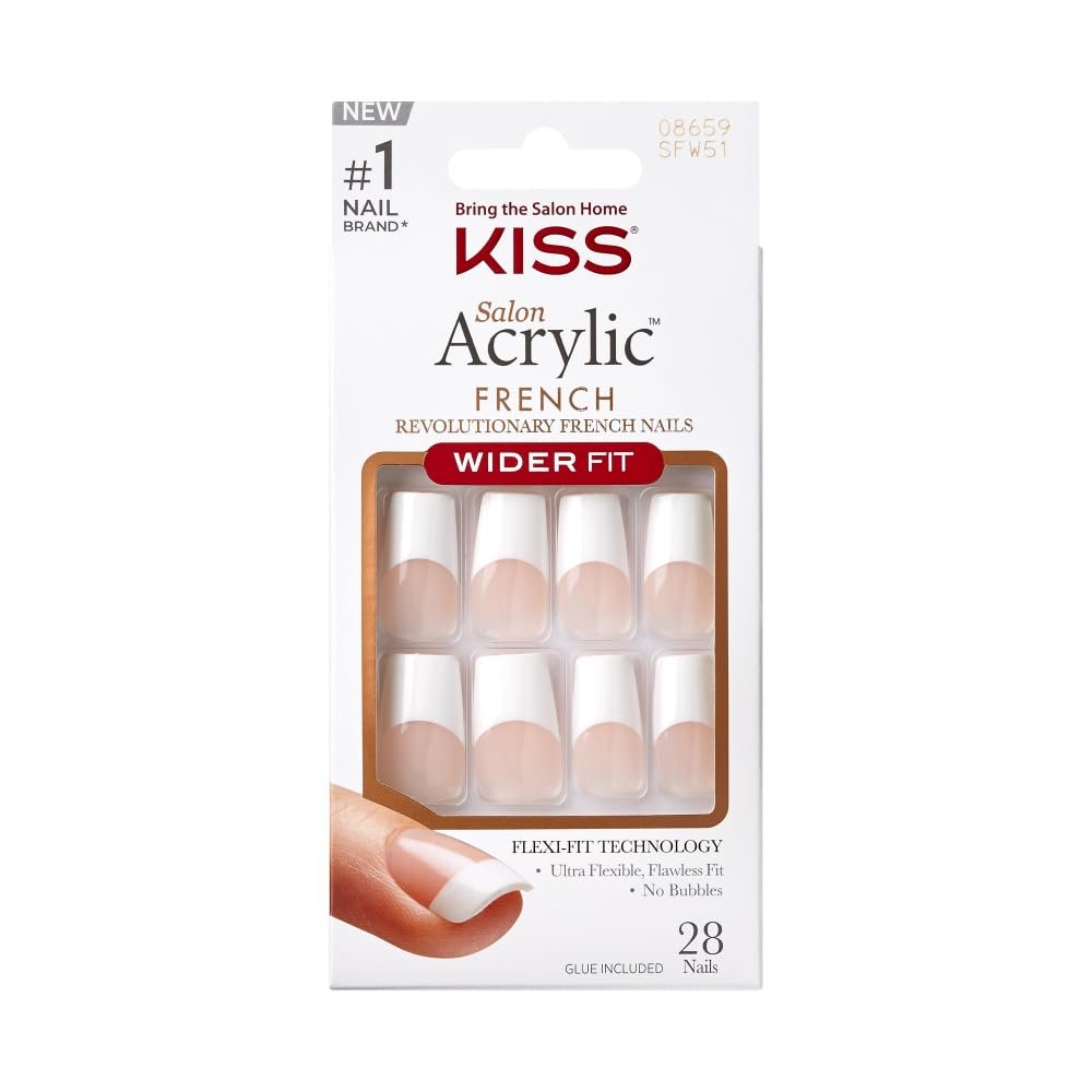 KISS Acrylic French False Nails Kit, Lange Coffin-Weite Passform, Klassische weiße French-Tip-Nägel, inklusive Gel & Maniküre-Stick, langanhaltend, bequem & einfach anzuwenden