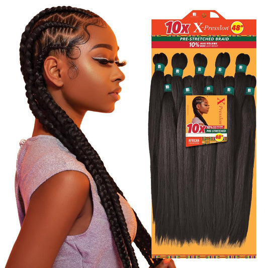 Sensationnel X-pression Prestretched Braiding Hair – 10x Zopf 48 Zoll – Flammhemmendes Kanekalon-Synthetikhaar für Box Braids und Twists (1 JETBLACK)
