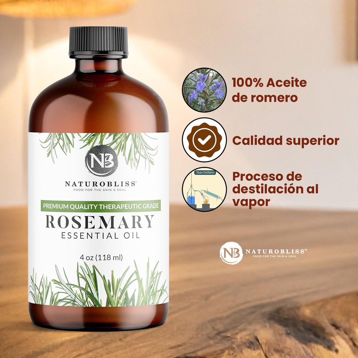 NaturoBliss 100% Reines Rosmarinöl in therapeutischer Qualität (4 fl. oz) mit Glaspipette – Ideal für Aromatherapie