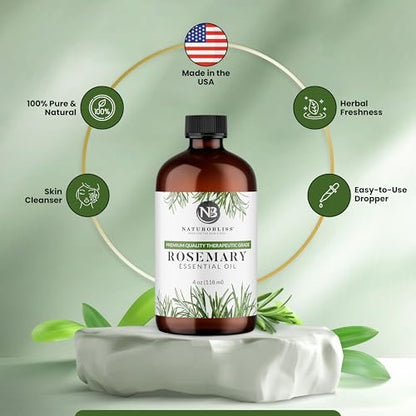 NaturoBliss 100% Reines Rosmarinöl in therapeutischer Qualität (4 fl. oz) mit Glaspipette – Ideal für Aromatherapie