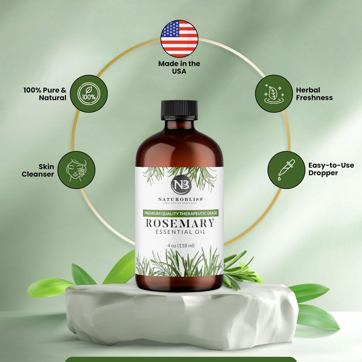 NaturoBliss 100% Reines Rosmarinöl in therapeutischer Qualität (4 fl. oz) mit Glaspipette – Ideal für Aromatherapie