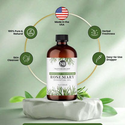 NaturoBliss 100% Reines Rosmarinöl in therapeutischer Qualität (4 fl. oz) mit Glaspipette – Ideal für Aromatherapie