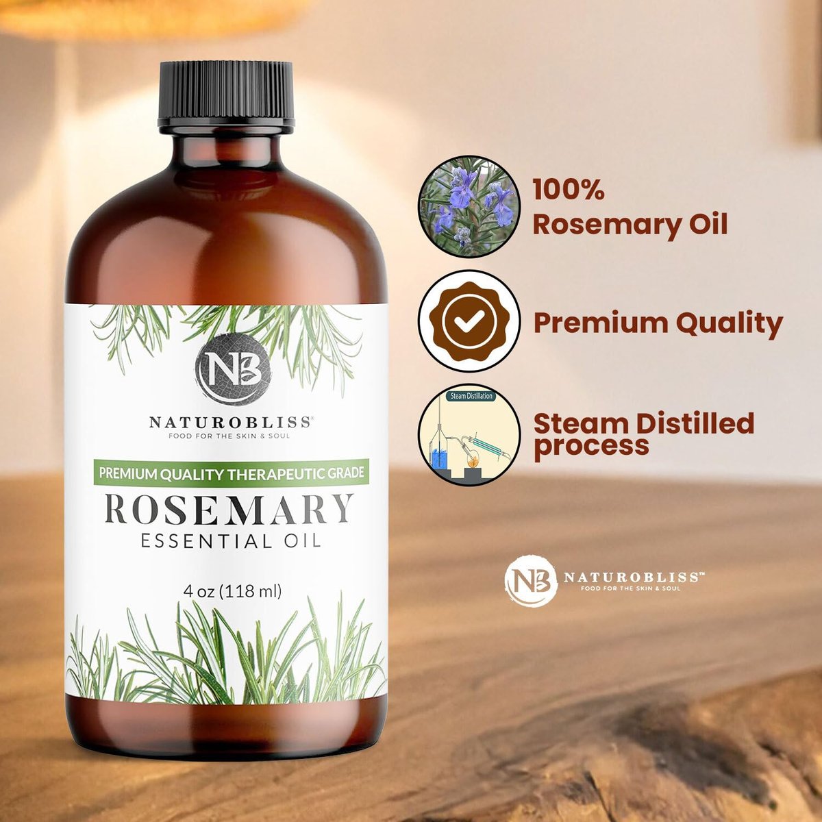 NaturoBliss 100% Reines Rosmarinöl in therapeutischer Qualität (4 fl. oz) mit Glaspipette – Ideal für Aromatherapie