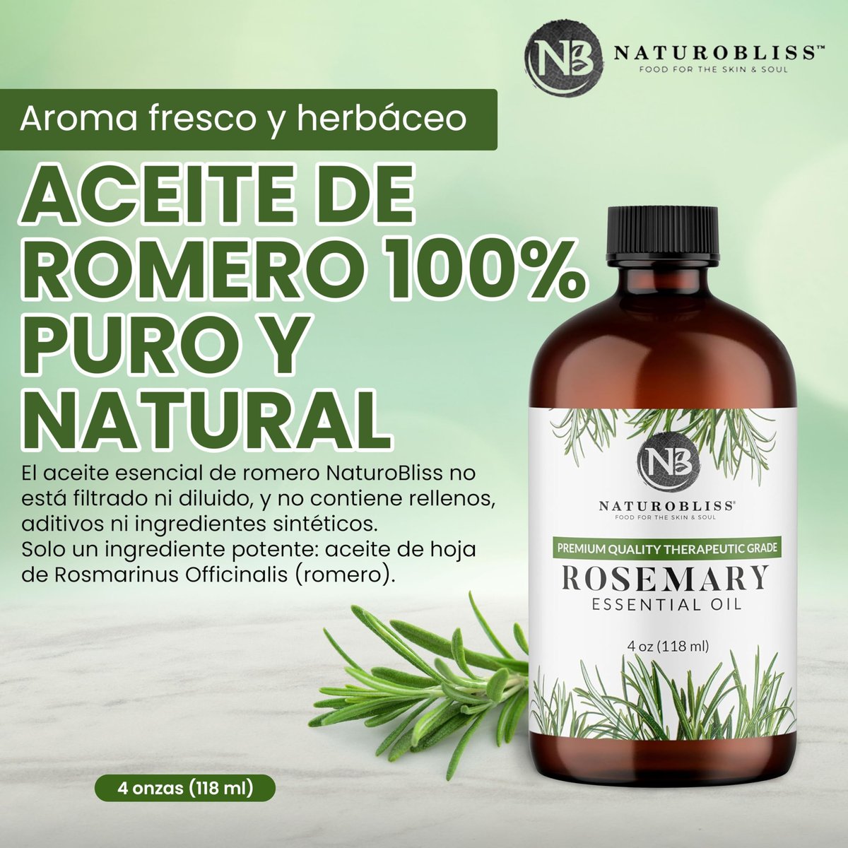 NaturoBliss 100% Reines Rosmarinöl in therapeutischer Qualität (4 fl. oz) mit Glaspipette – Ideal für Aromatherapie