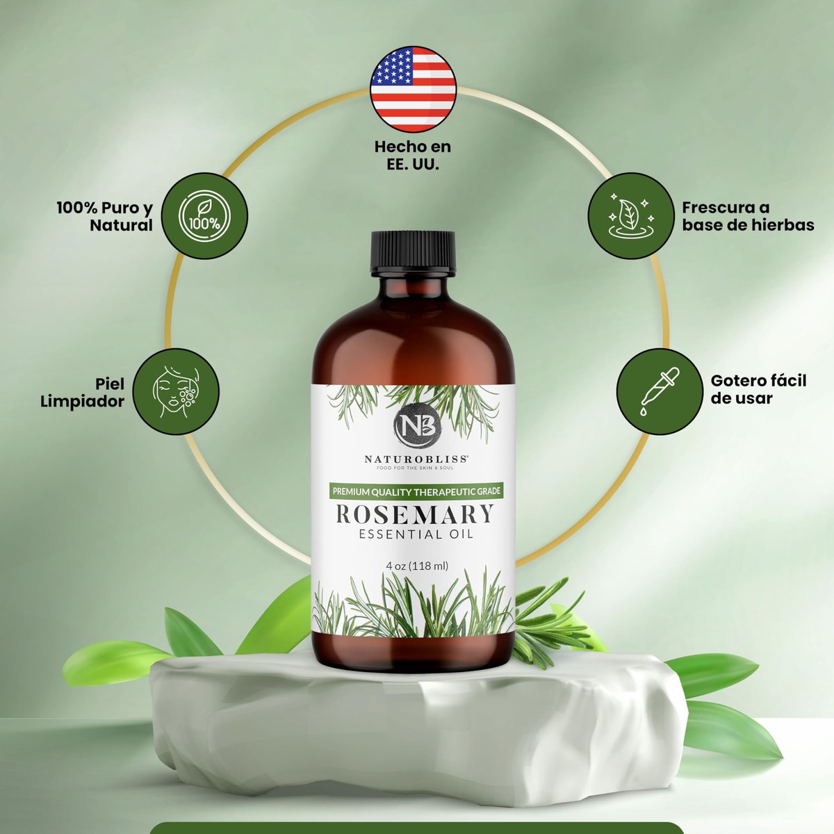 NaturoBliss 100% Reines Rosmarinöl in therapeutischer Qualität (4 fl. oz) mit Glaspipette – Ideal für Aromatherapie