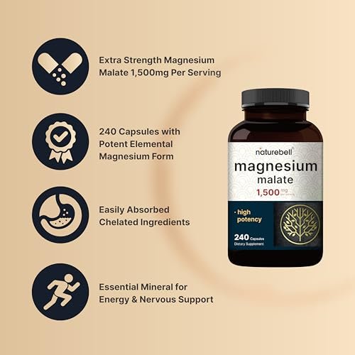 NatureBell Magnesium Malat 1.500 mg, 240 Kapseln | Chelatiert für hohe Absorption | Unterstützt Energie & Nervensystem | Non-GMO, Glutenfrei