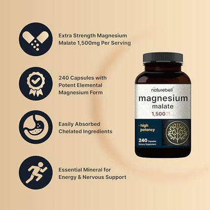 NatureBell Magnesium Malat 1.500 mg, 240 Kapseln | Chelatiert für hohe Absorption | Unterstützt Energie & Nervensystem | Non-GMO, Glutenfrei