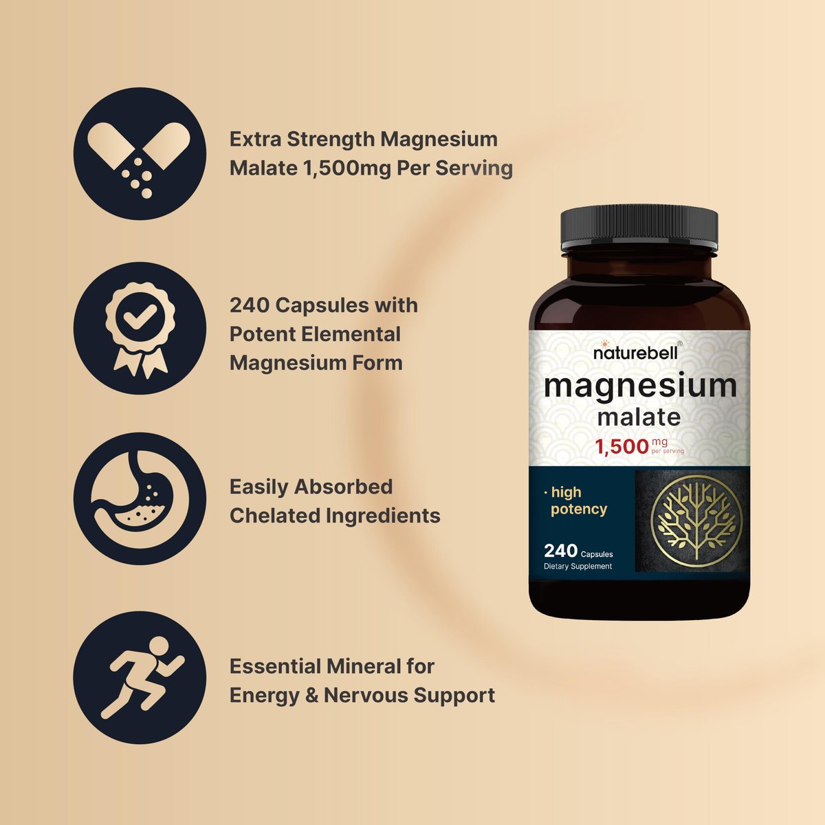 NatureBell Magnesium Malat 1.500 mg, 240 Kapseln | Chelatiert für hohe Absorption | Unterstützt Energie & Nervensystem | Non-GMO, Glutenfrei