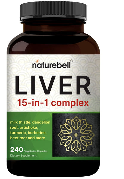 NatureBell Leber 15-in-1 Komplex, 240 vegane Kapseln | Kräuter- und Mineralienmischung mit Mariendistel, Löwenzahnwurzel, Artischocke, Schwarzes Johannisbeeröl, Kurkuma, Chicorée, Zink, Cholin & mehr | Non-GMO