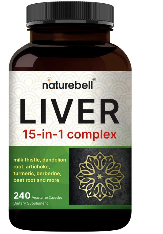NatureBell Leber 15-in-1 Komplex, 240 vegane Kapseln | Kräuter- und Mineralienmischung mit Mariendistel, Löwenzahnwurzel, Artischocke, Schwarzes Johannisbeeröl, Kurkuma, Chicorée, Zink, Cholin & mehr | Non-GMO