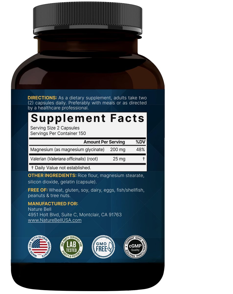 Reines Magnesiumglycinat für Schlaf, 200 mg mit Baldrianwurzel, 300 Kapseln | 100% chelatisiertes & gereinigtes Mineralpräparat – Ultrahohe Absorption – Nicht-GVO, glutenfrei