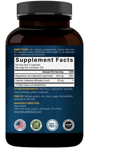 Reines Magnesiumglycinat für Schlaf, 200 mg mit Baldrianwurzel, 300 Kapseln | 100% chelatisiertes & gereinigtes Mineralpräparat – Ultrahohe Absorption – Nicht-GVO, glutenfrei