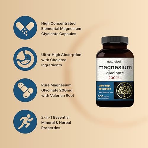 Reines Magnesiumglycinat für Schlaf, 200 mg mit Baldrianwurzel, 300 Kapseln | 100% chelatisiertes & gereinigtes Mineralpräparat – Ultrahohe Absorption – Nicht-GVO, glutenfrei
