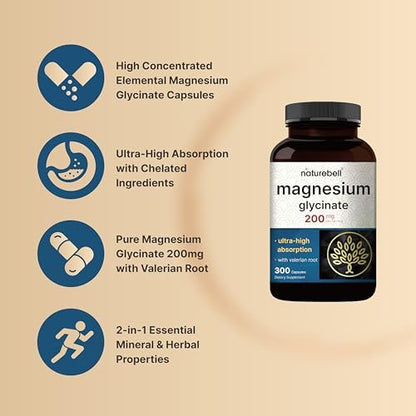 Reines Magnesiumglycinat für Schlaf, 200 mg mit Baldrianwurzel, 300 Kapseln | 100% chelatisiertes & gereinigtes Mineralpräparat – Ultrahohe Absorption – Nicht-GVO, glutenfrei
