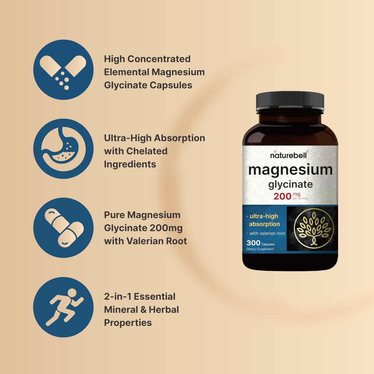 Reines Magnesiumglycinat für Schlaf, 200 mg mit Baldrianwurzel, 300 Kapseln | 100% chelatisiertes & gereinigtes Mineralpräparat – Ultrahohe Absorption – Nicht-GVO, glutenfrei