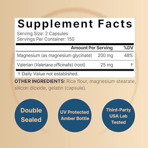 Reines Magnesiumglycinat für Schlaf, 200 mg mit Baldrianwurzel, 300 Kapseln | 100% chelatisiertes & gereinigtes Mineralpräparat – Ultrahohe Absorption – Nicht-GVO, glutenfrei