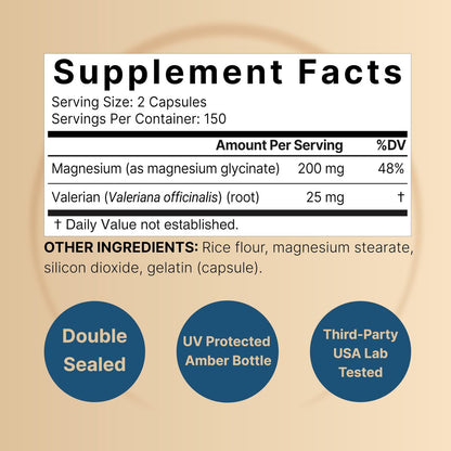 Reines Magnesiumglycinat für Schlaf, 200 mg mit Baldrianwurzel, 300 Kapseln | 100% chelatisiertes & gereinigtes Mineralpräparat – Ultrahohe Absorption – Nicht-GVO, glutenfrei