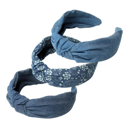 Cuizhiyu 3er-Pack Denim-Knoten-Stirnband, Geknotetes breites Stirnband für Frauen, Blaue Knoten-Stirnbänder, Rutschfeste Haarbänder, Mädchen-Stoff-Haarbänder, Haar-Accessoires