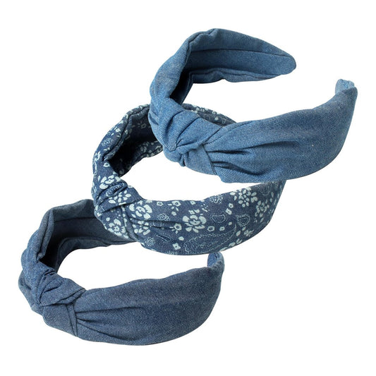 Cuizhiyu 3er-Pack Denim-Knoten-Stirnband, Geknotetes breites Stirnband für Frauen, Blaue Knoten-Stirnbänder, Rutschfeste Haarbänder, Mädchen-Stoff-Haarbänder, Haar-Accessoires