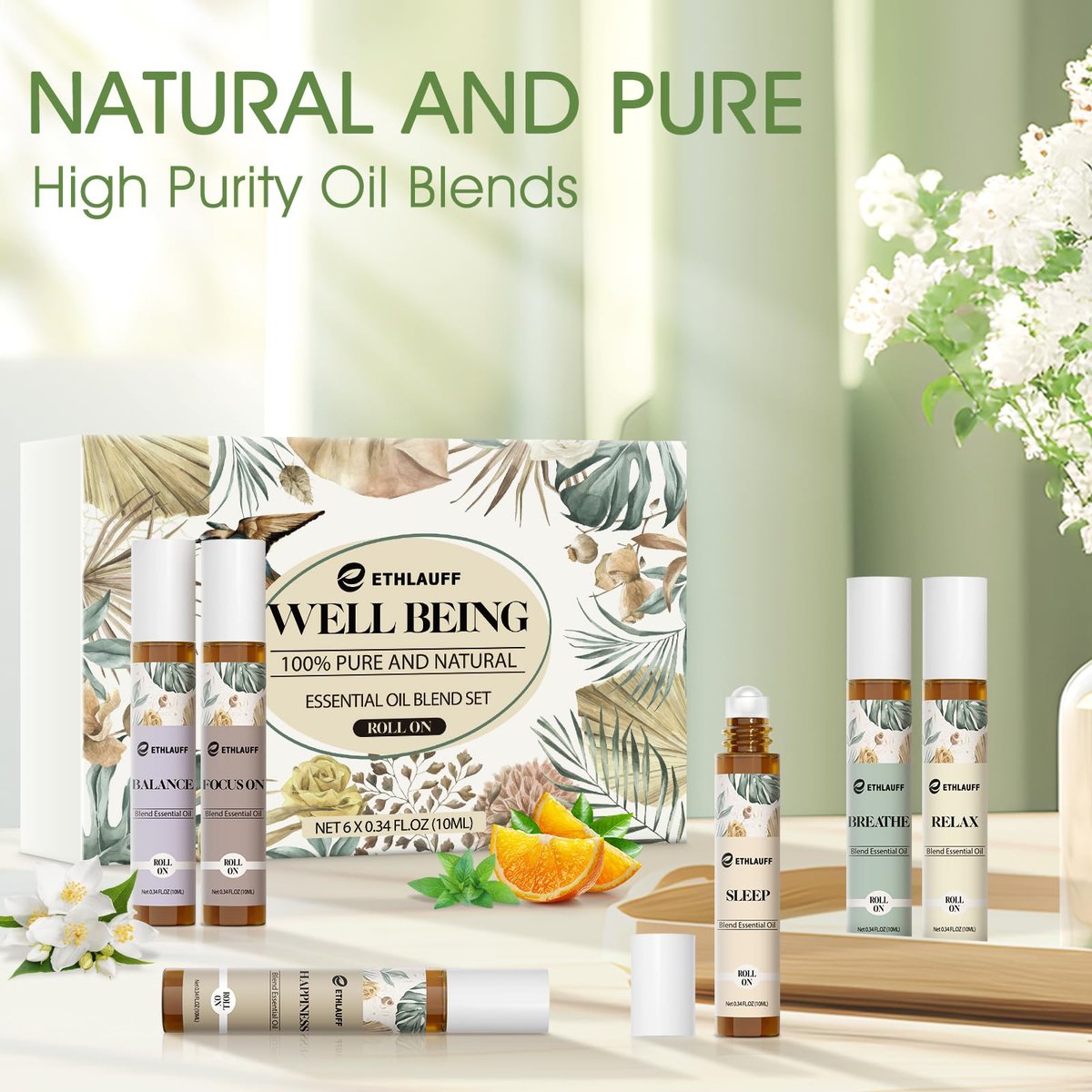 Ethlauff Ätherische Öle Roll-On Set - (Entspannung, Schlaf, Atmung, Konzentration) Aromatherapieöl mit Rollkugel, Hautpflegeöl - Selbstpflege-Geschenk für Frauen