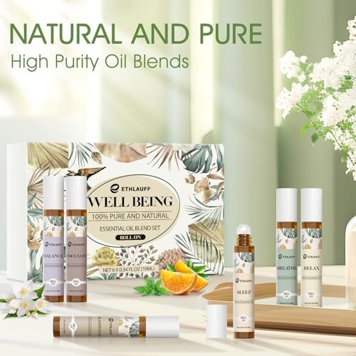 Ethlauff Ätherische Öle Roll-On Set - (Entspannung, Schlaf, Atmung, Konzentration) Aromatherapieöl mit Rollkugel, Hautpflegeöl - Selbstpflege-Geschenk für Frauen