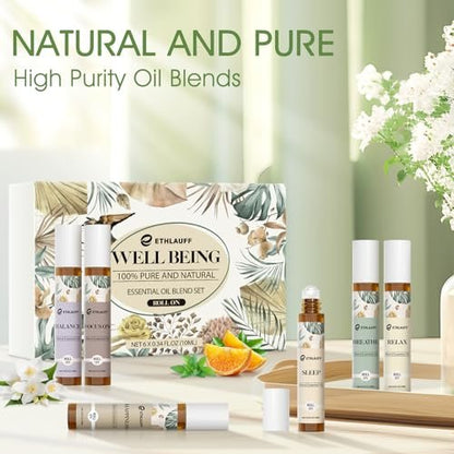 Ethlauff Ätherische Öle Roll-On Set - (Entspannung, Schlaf, Atmung, Konzentration) Aromatherapieöl mit Rollkugel, Hautpflegeöl - Selbstpflege-Geschenk für Frauen