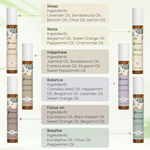 Ethlauff Ätherische Öle Roll-On Set - (Entspannung, Schlaf, Atmung, Konzentration) Aromatherapieöl mit Rollkugel, Hautpflegeöl - Selbstpflege-Geschenk für Frauen