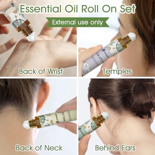 Ethlauff Ätherische Öle Roll-On Set - (Entspannung, Schlaf, Atmung, Konzentration) Aromatherapieöl mit Rollkugel, Hautpflegeöl - Selbstpflege-Geschenk für Frauen